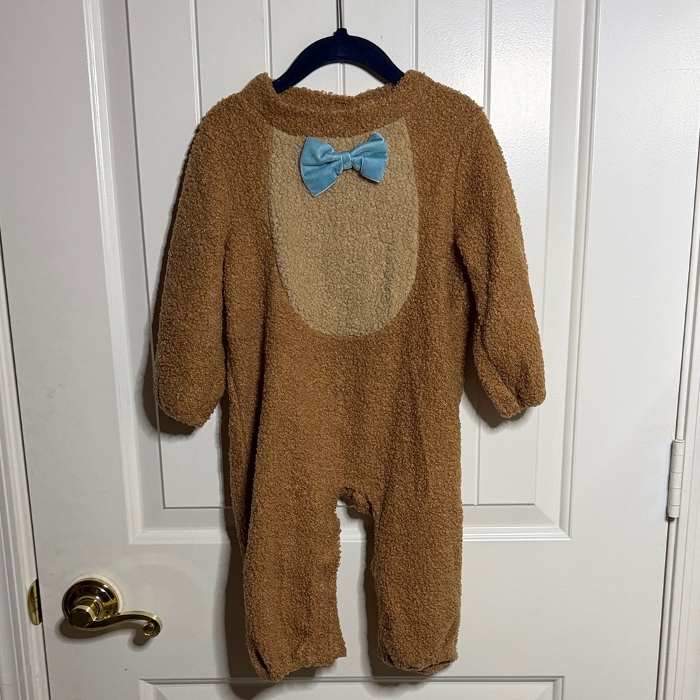 Cozy Brown Fleece Baby Bear Jumpsuit Costume with Blue Bow